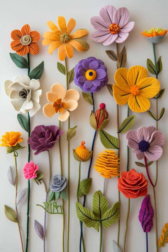 These handcrafted blooms, ranging from sun-kissed yellows to deep purples, can be assembled with wire stems to create a lasting, cheerful bouquet.