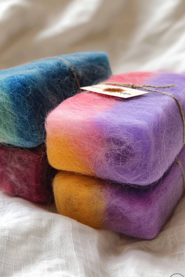 Encasing homemade soap bars in colorful felt enhances their appearance and acts as a gentle exfoliator when used. 