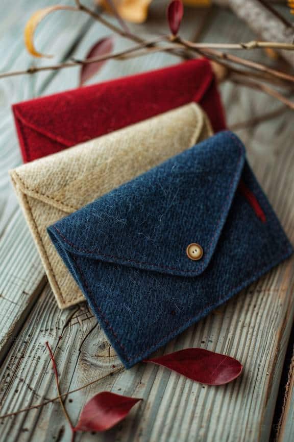 Craft a stylish envelope clutch bag from high-quality felt, cutting it into a sleek, rectangular shape and folding it to form the classic envelope silhouette. 
