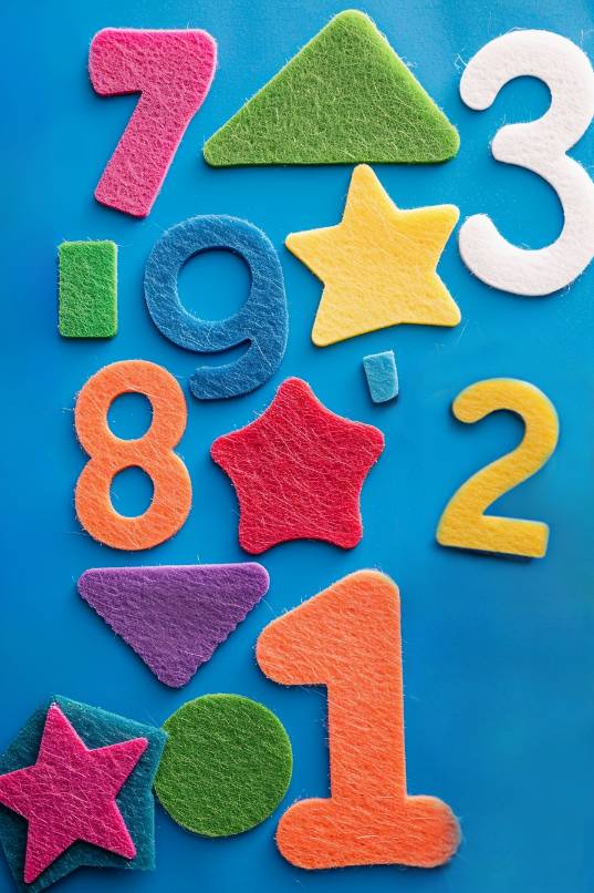 Develop a set of educational counting shapes from felt, cutting out numbers and corresponding shapes like circles, squares, and triangles in various colors. 