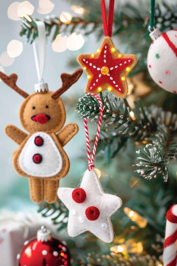 Craft a series of felt Christmas ornaments to adorn your tree, featuring classic holiday icons such as twinkling stars, candy canes, and reindeer. 