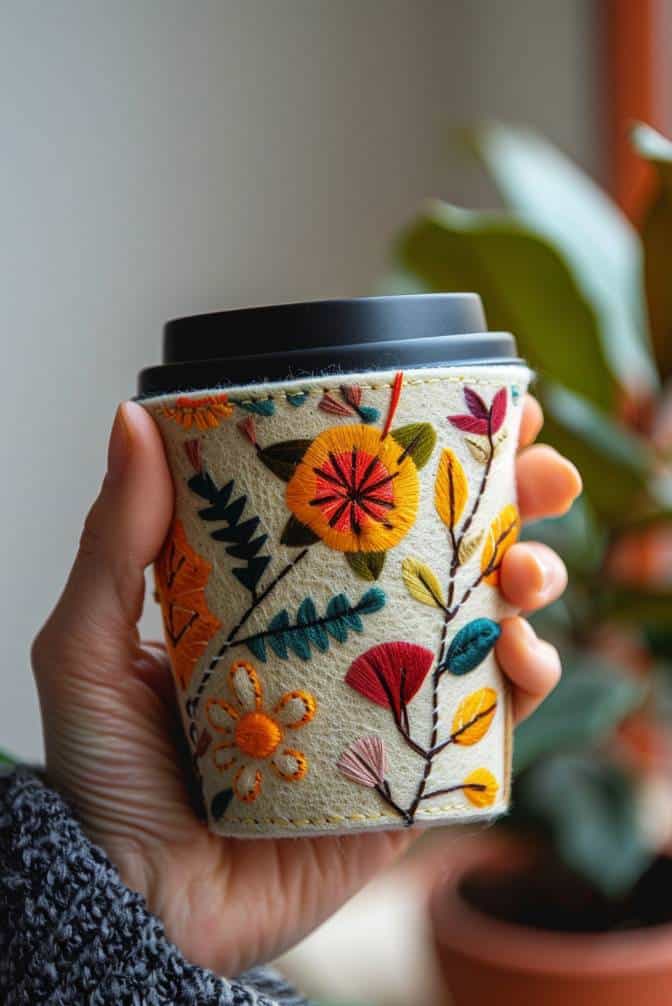 Sew a reusable cup sleeve and cozy from felt, which not only insulates the cup but also provides a comfortable grip. 