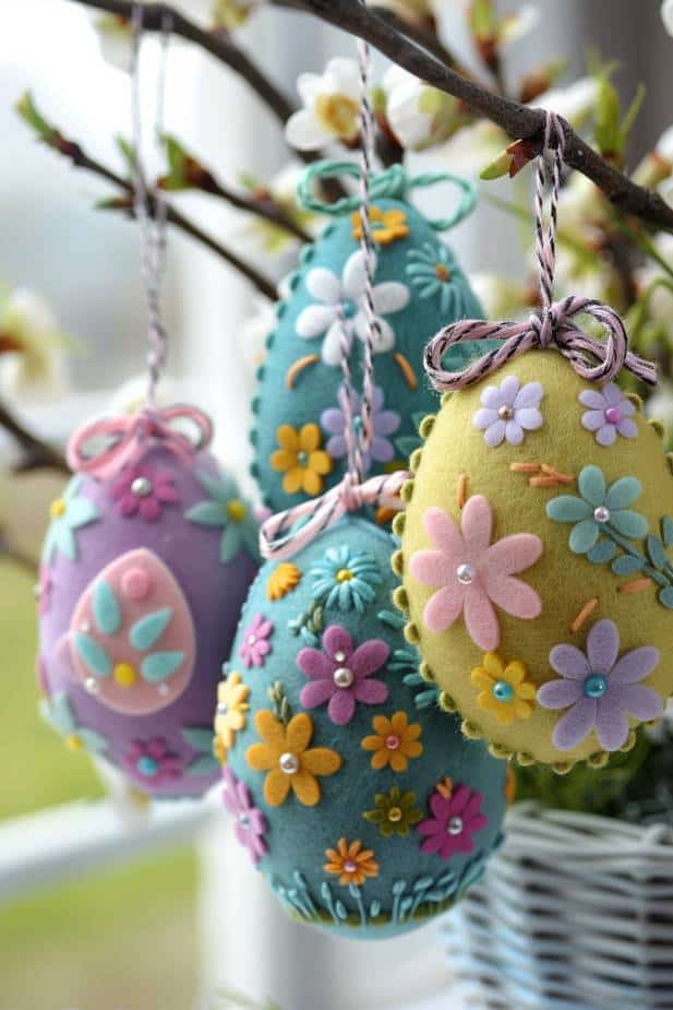 Craft felt Easter egg decorations by layering and gluing different colors of felt cut into egg shapes, then embellishing them with additional felt cut-outs, beads, or embroidery to create intricate patterns. 