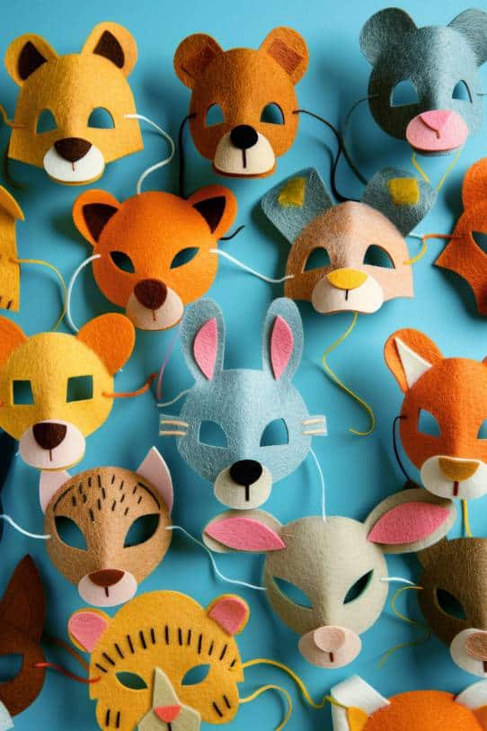 Think of the soft texture of felt shaped into the faces of lions, bears, and rabbits, with cut-out eyes and elastic bands for easy wear.
