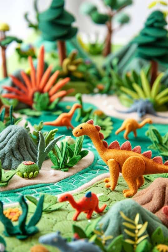 Children can arrange these flexible figures on a felt play mat that depicts a volcanic landscape or a lush jungle scene for hours of imaginative fun.