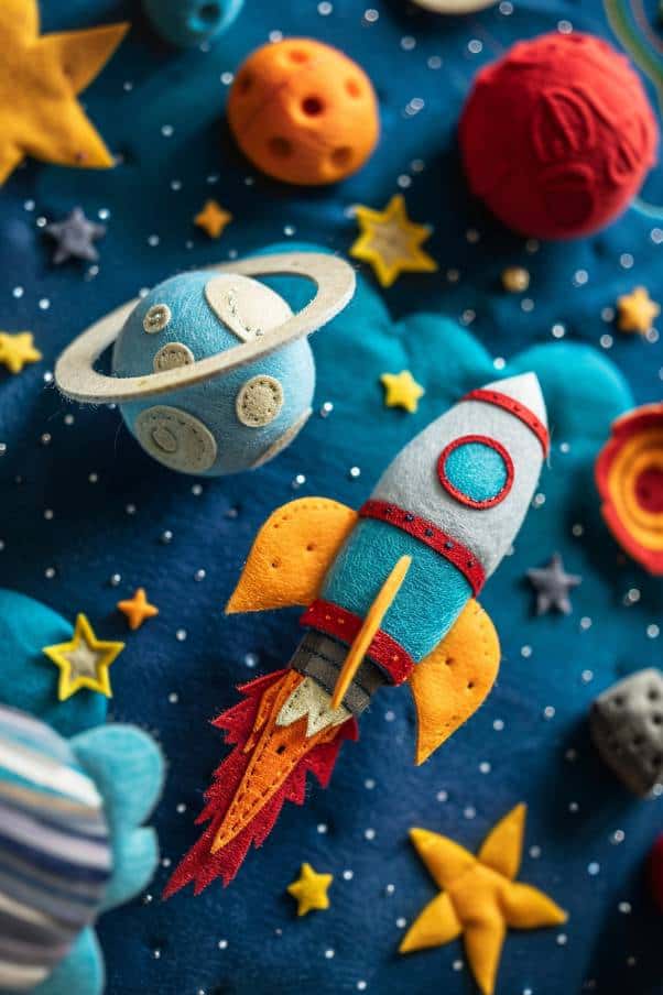 Assemble a space-themed playset using felt to craft a rocket, planets, stars, and other celestial bodies. 