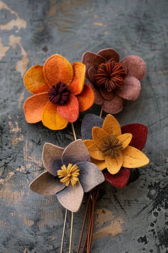 Craft flower lapel pins from felt, layering petals to create depth and dimension. 