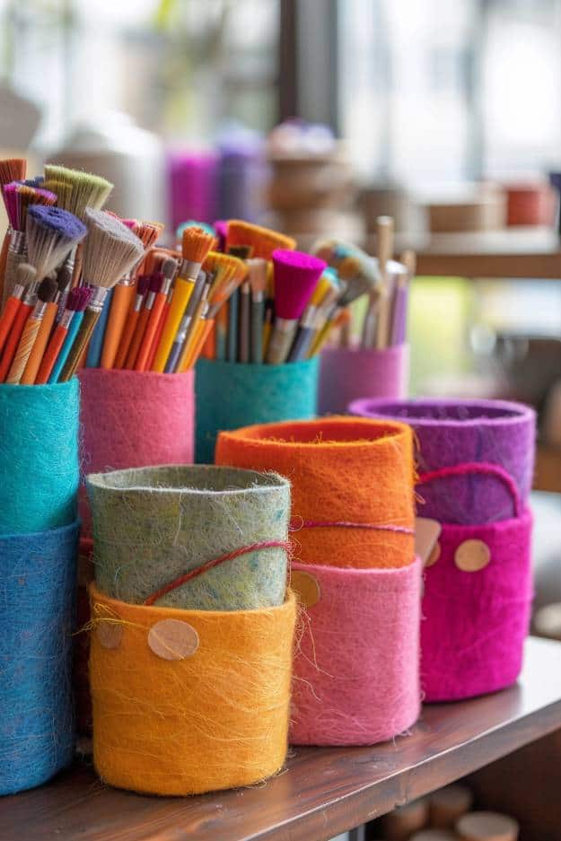 Construct wool basket organizers using stiffened felt to maintain the structure. These can be made in various sizes to hold a range of items, from craft supplies to toiletries. 