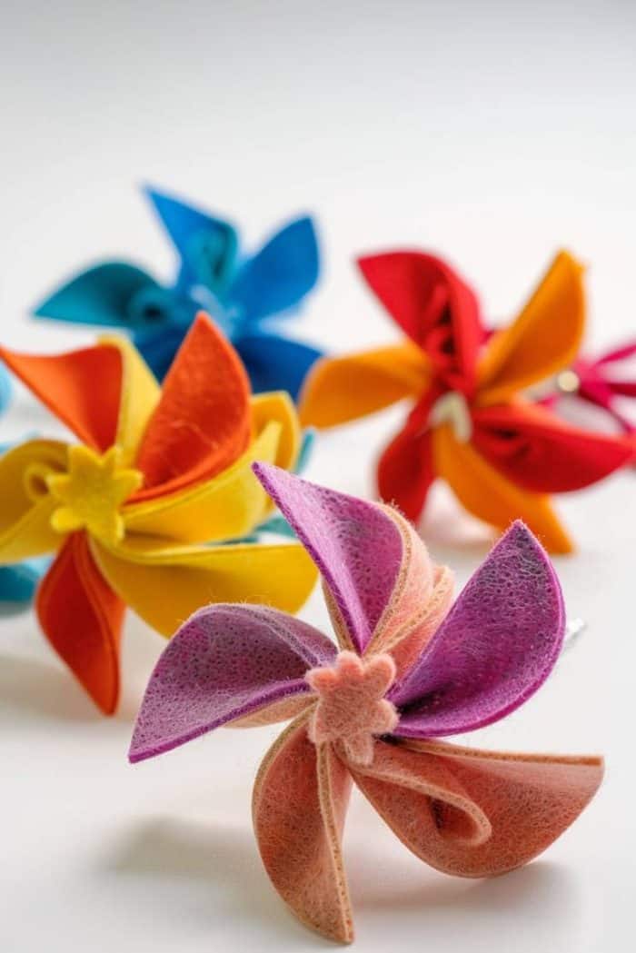 Fashion pinwheel hair accessories from brightly colored felt, securing them to hair clips or bands. 