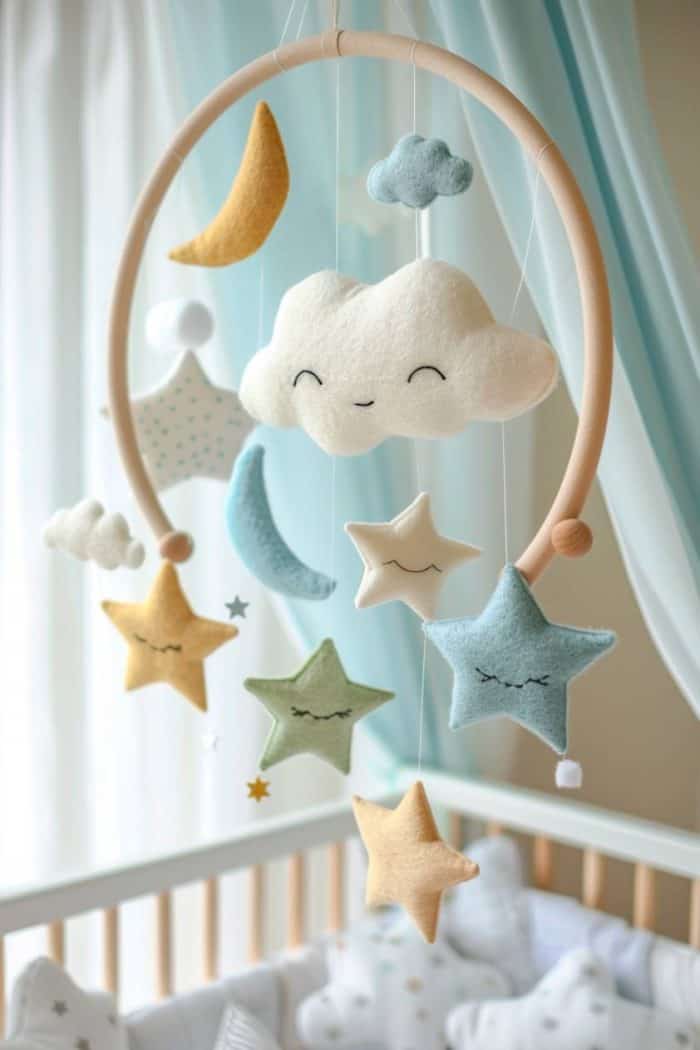 Design a serene baby mobile from felt, with elements like clouds, moons, and stars in a soft pastel palette. 