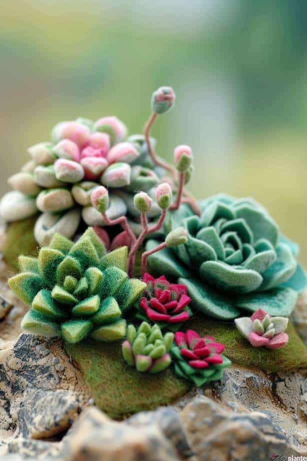 Construct a felt succulent garden by crafting various types of succulents using shades of green and pink felt. 