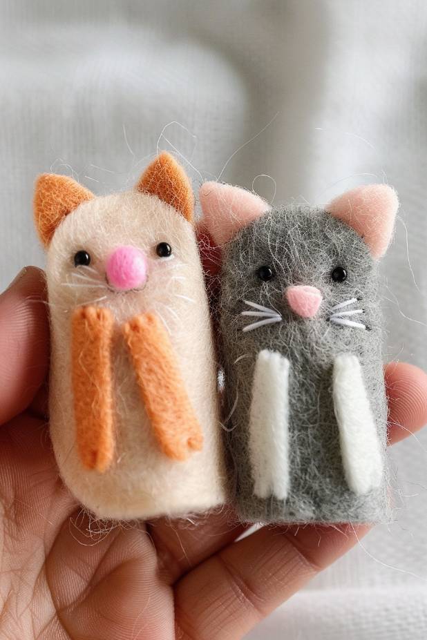 Craft a set of felt finger puppets, each depicting a different character, complete with detailed costumes and facial features. 