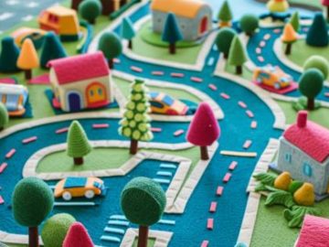 Construct a car play mat by cutting roads, roundabouts, and parking spaces from colored felt and arranging them on a large felt base to resemble a miniature town. 