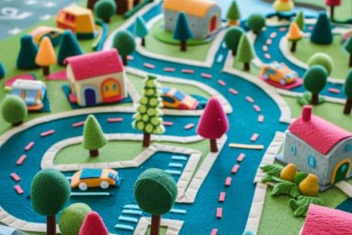 Construct a car play mat by cutting roads, roundabouts, and parking spaces from colored felt and arranging them on a large felt base to resemble a miniature town. 