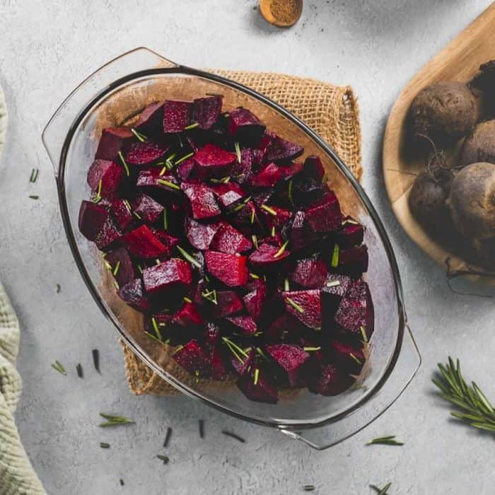 A unique glaze of balsamic vinegar, aromatic rosemary, and a hint of cinnamon wraps around the beet cubes in this side dish, offering sweet and savory notes that make every single piece sing.