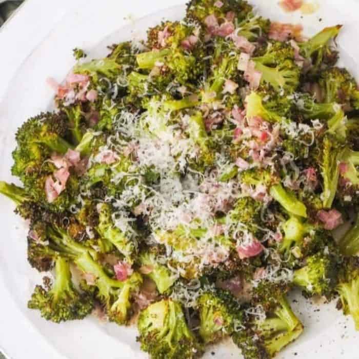 roast broccoli florets until the edges are slightly brown, then drizzle with a homemade vinaigrette made of lemon juice, olive oil, and shallots