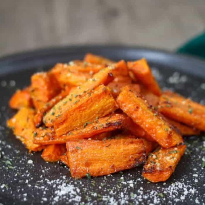 glazed in a luxurious brown butter sauce infused with garlic and honey, then baked in the oven for a sweet, earthy, and tender side that can contrast beautifully with a steak’s meaty chew