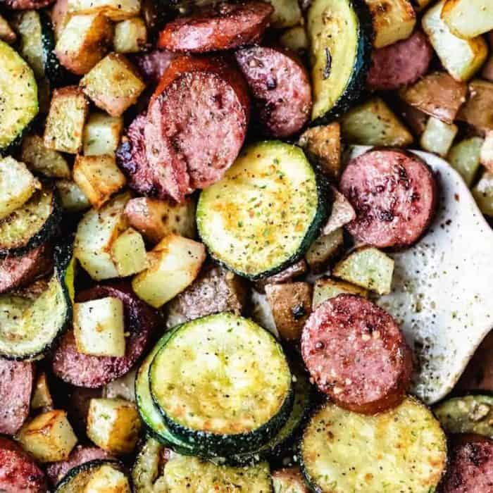 This kielbasa, zucchini, and potatoes skillet is a delicious and easy dinner made with just a few budget-friendly ingredients.