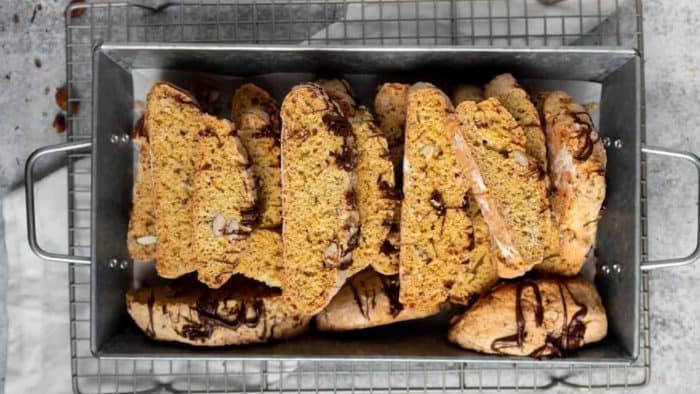 this biscotti with sourdough discard and toasted almonds, and finish it off with a drizzle of delicious melted chocolate