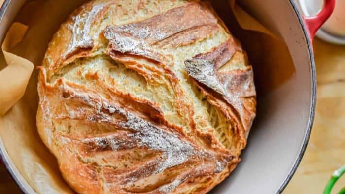 freshly baked sourdough bread on a pot