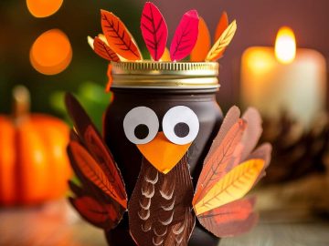 Turn a mason jar into a turkey by painting it brown and hot-gluing paper eyes onto the surface!