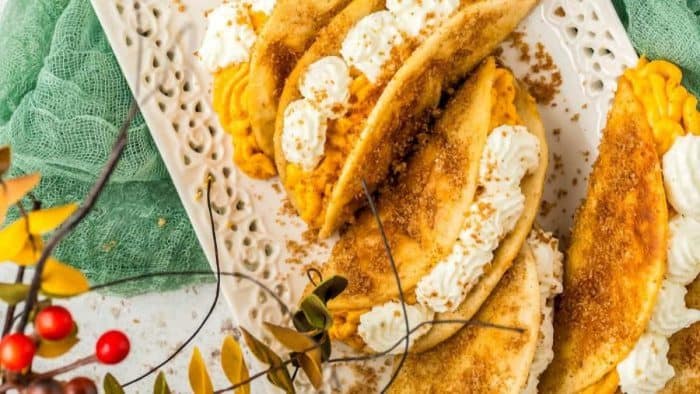 a bunch of flour tortillas until golden brown to create tacos, cover them with cinnamon sugar, and delicious pumpkin pie filling
