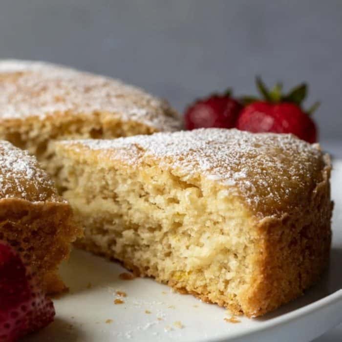 With just a handful of ingredients including flour, baking powder, oil, and slightly thick plant-based cashew or almond milk yogurt, this cake is a breeze to whip up on a whim.