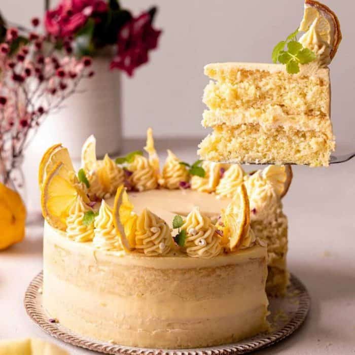 Simple pantry staples like dairy-free milk, flour, oil, lemon juice, and lemon zest are combined to create this cake’s light and vibrant sponge. Round it off with a tangy lemon buttercream frosting to crank the bright flavors up a notch! 