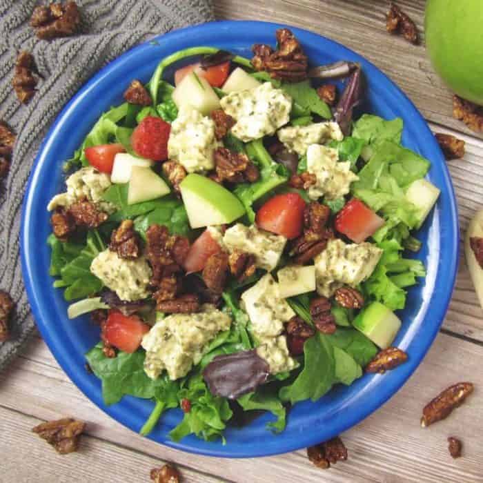 A delightful mélange of mixed greens, fresh strawberries, and crisp green apples make this salad oh-so-refreshing!