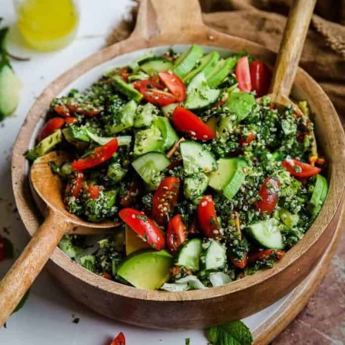 includes all the classics you expect from this Middle Eastern classic, such as ripe tomatoes, cucumbers, and green onions punctuated by the freshness of chopped parsley and mint