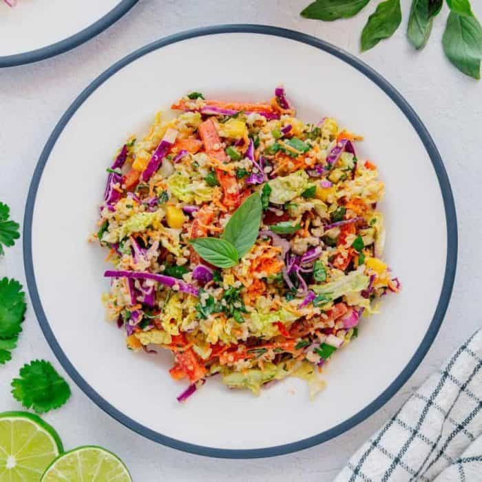 A base of hearty quinoa makes this chopped salad nutty and nutritious, playing host to a rainbow of fruits and veggies and a creamy tahini dressing. Plus, you can mix up the vegetables here to customize the dish to your preferences!