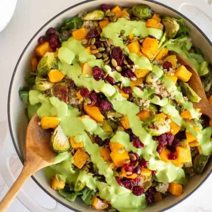 From the soft, nutty quinoa to the roasted, caramelized butternut squash and tender Brussels sprouts, this salad has all the flavors of a bountiful fall harvest!