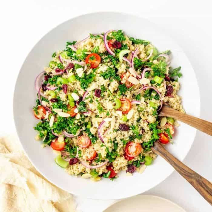 It’s a powerhouse of plant-based protein and fiber with quinoa, tomatoes, and kale, featuring dried cranberries and sliced almonds for a tart, crunchy surprise and a tangy dressing to round out the flavors.
