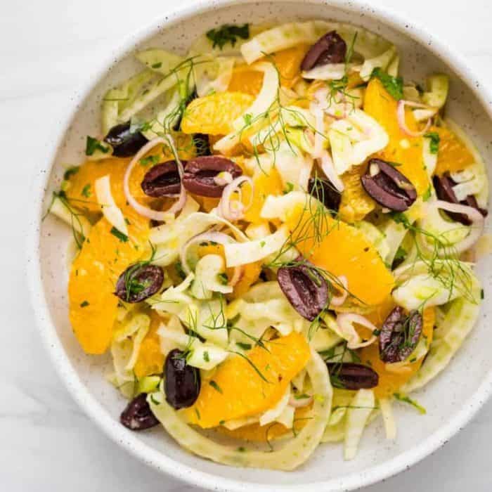 Juicy orange slices contrast with the subtle licorice notes of thinly sliced fennel, the subtle sharpness of shallots, and the salty taste of olives, all brought together with a tangy and invigorating champagne vinaigrette dressing.