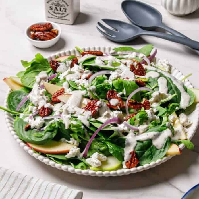 Arugula and baby spinach form a lush green foundation for this salad, complemented by the sharp taste of red onion and sweetened by apples and candied pecans.