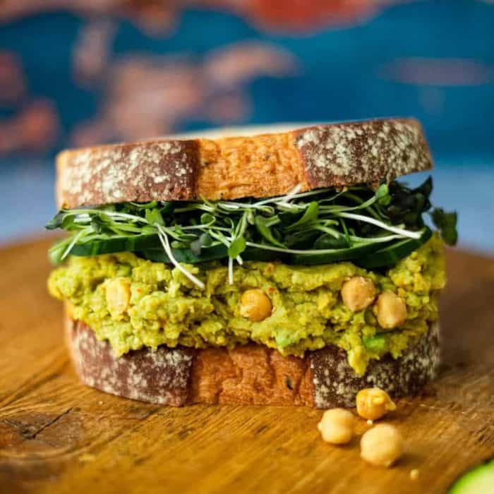 It offers a heart-healthy mix of smashed chickpeas and avocado, with cucumbers, microgreens, and a hint of lemon juice to brighten everything up. Serve it with soup or salad for a complete meal.