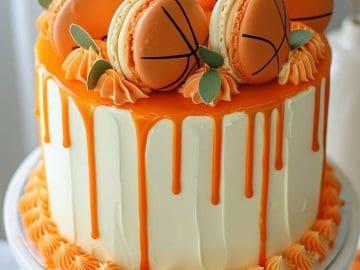 A white and orange drip cake topped with basketball-themed macarons and green leaves, placed on a white cake stand.