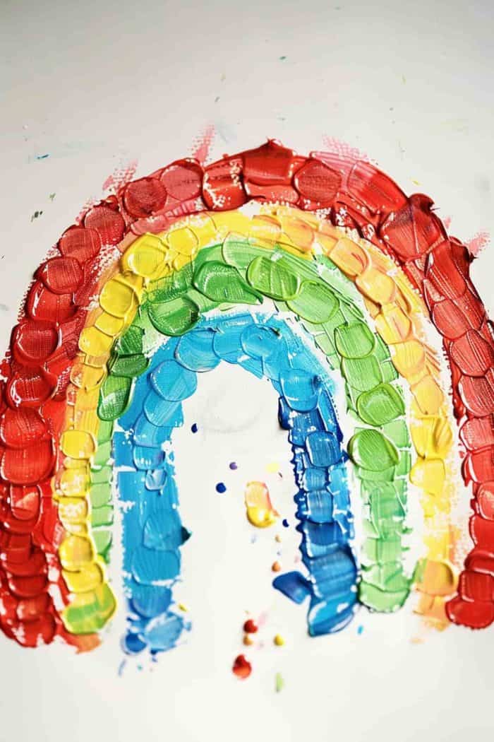 A painting of a rainbow with a child's thumbprints forming the arches