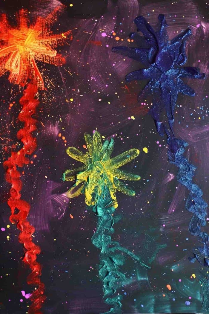 Finger-painted fireworks against a dark purple background with splatters of paint