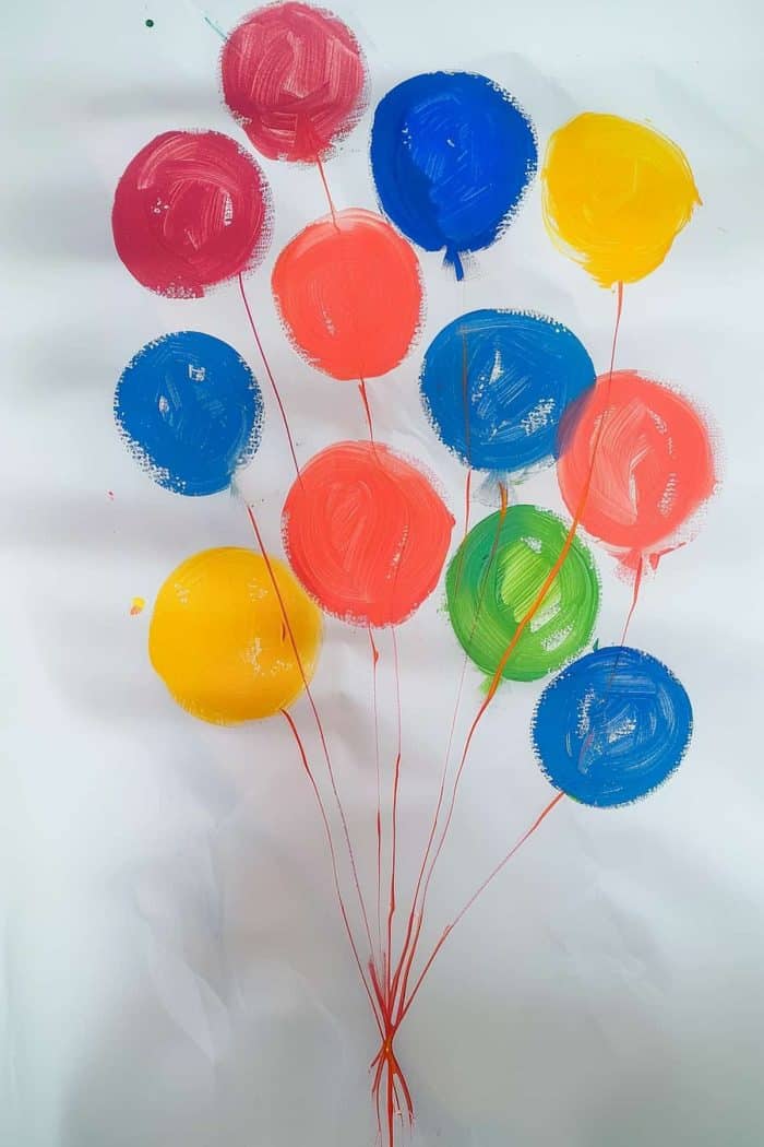 Finger-painted balloons in various colors on white paper