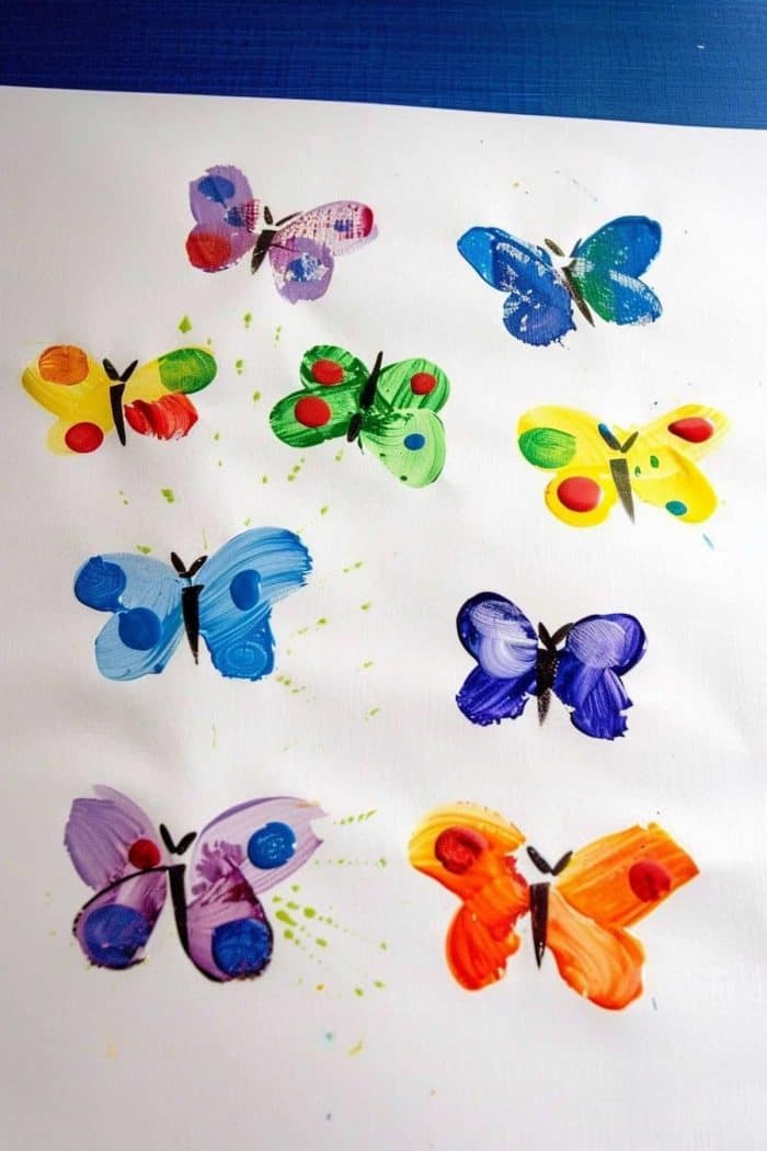 A finger painting of colorful butterflies on white paper, with splotches of paint for the details