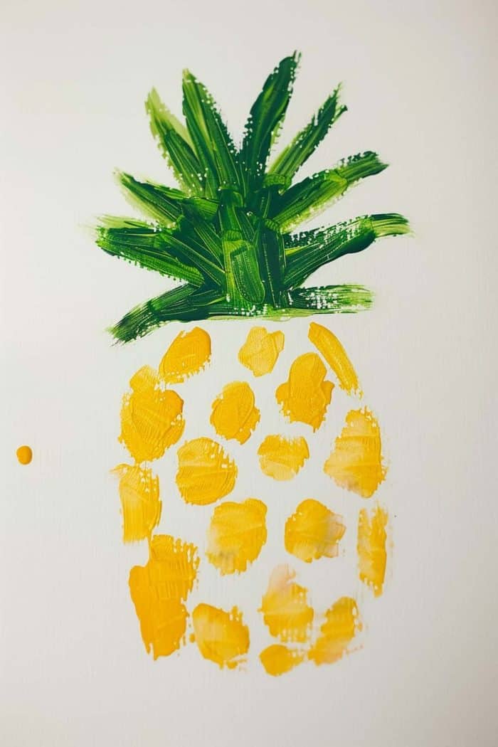 A painting of a fun and tropical pineapple with yellow thumbprints for the fruit and finger-painted crown