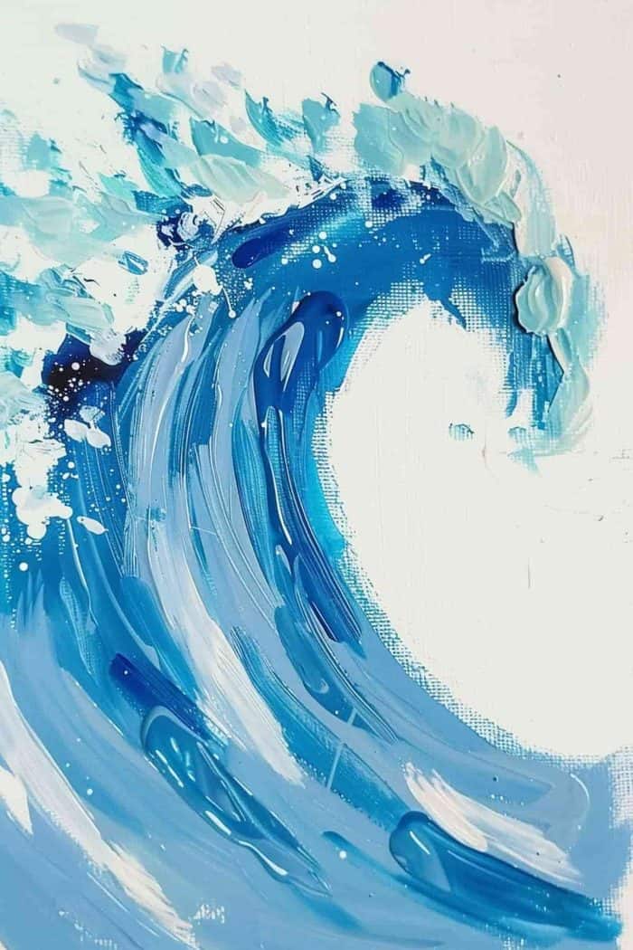 A finger painting of a rolling wave in various shades of blue and white paint colors on a white canvas