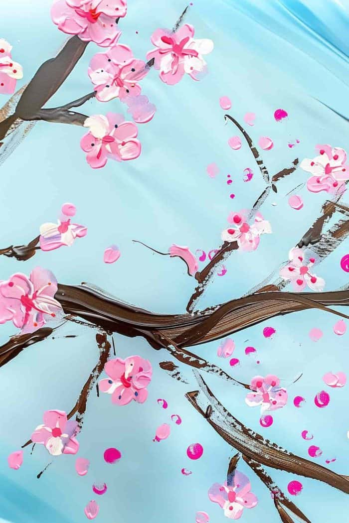 A finger painting of a cherry tree in full, glorious bloom against a sky blue background