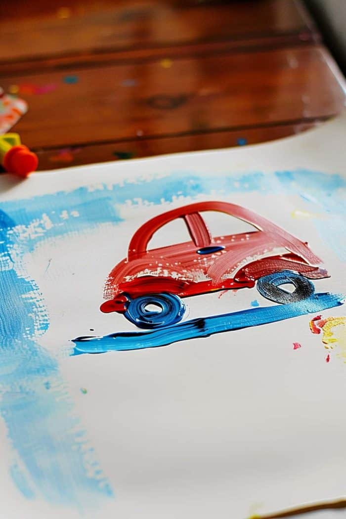 A finger painting of a red car