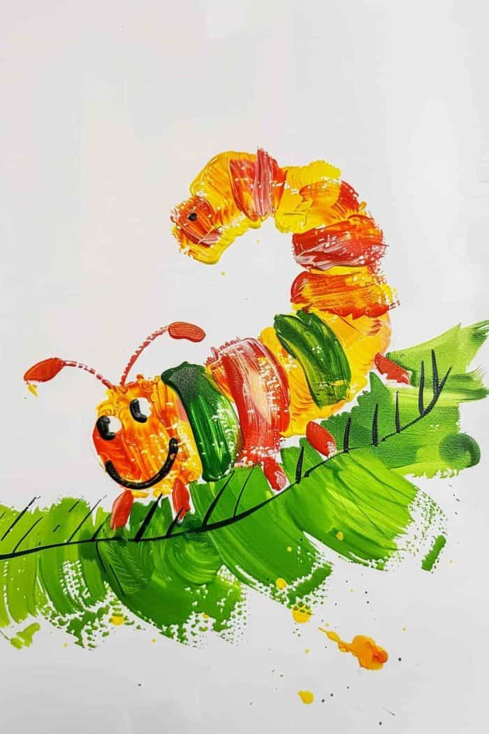 A finger painting of a cheerful caterpillar on green leaves