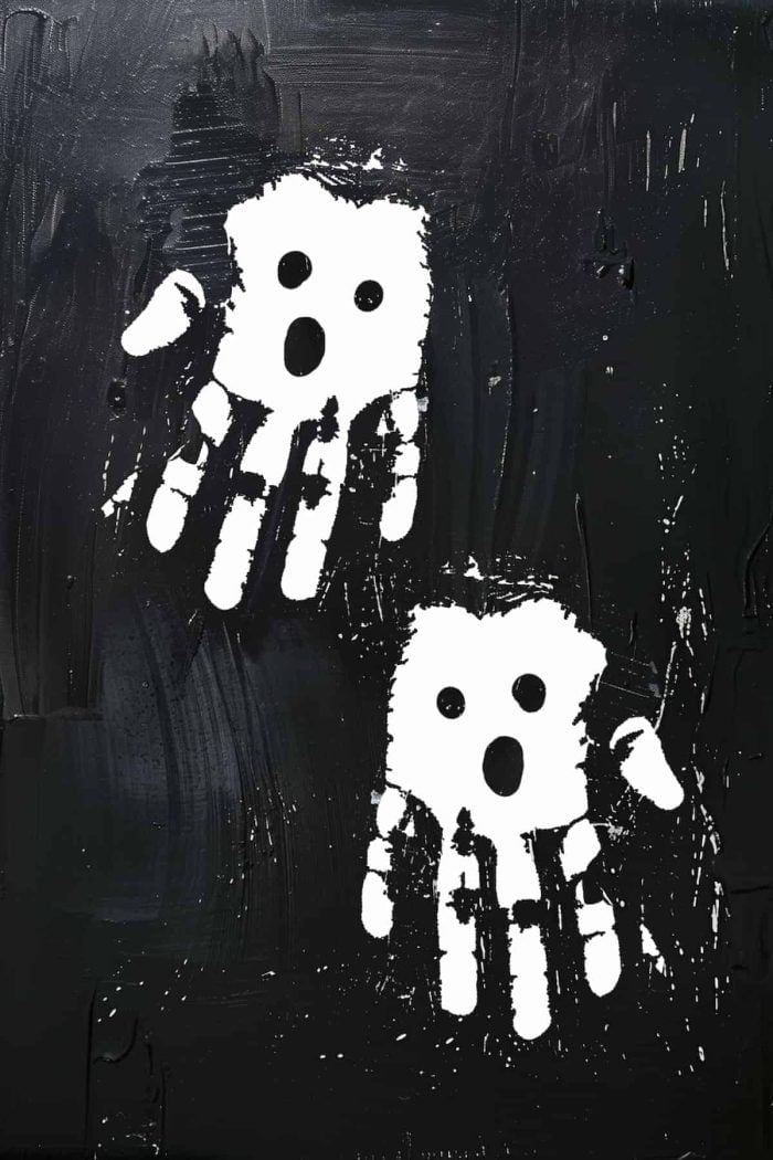 Create handprint ghosts by using white paint on a dark background, with the heel of the hand forming the head and the fingers the wispy tail. 