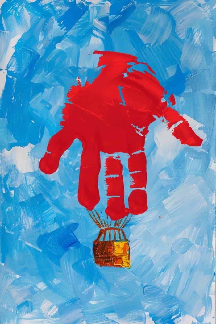 A red handprint can represent bright red balloons on a hot air balloon, with details like a brown basket for a realistic depiction. Set it all against a light blue background to create a serene vibe.