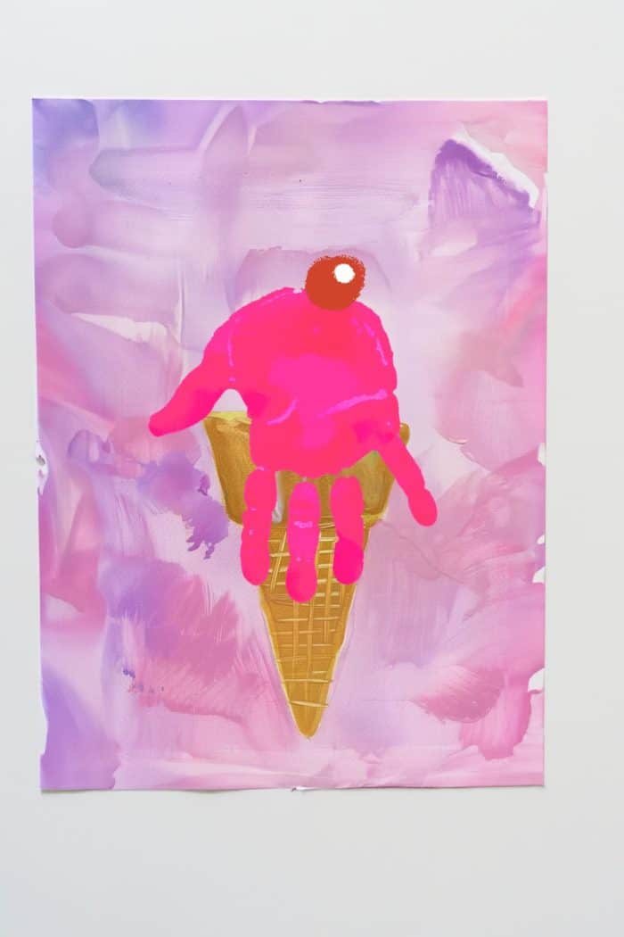 Depict ice cream cones with upside-down handprints for the scoops, using pastel colors for different flavors. 