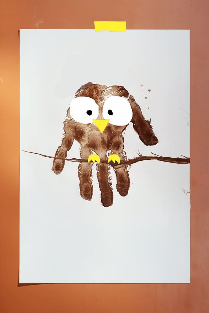 Kids who love birdwatching will enjoy making this painting! 
All they have to do is use brown handprints for the owl's body and the fingers for the feathers. Then they can paint large, round eyes and a small beak to give each owl a wise and vigilant expression.